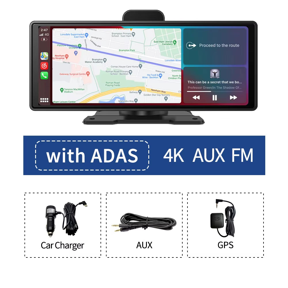 10.26" 4K Dash Cam ADAS Wireless Carplay & Android Auto Car DVR 5G Wifi GPS Navigation Rearview Camera Dashboard Video Recorder