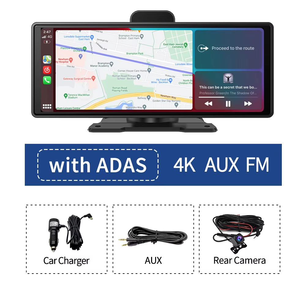 10.26" 4K Dash Cam ADAS Wireless Carplay & Android Auto Car DVR 5G Wifi GPS Navigation Rearview Camera Dashboard Video Recorder