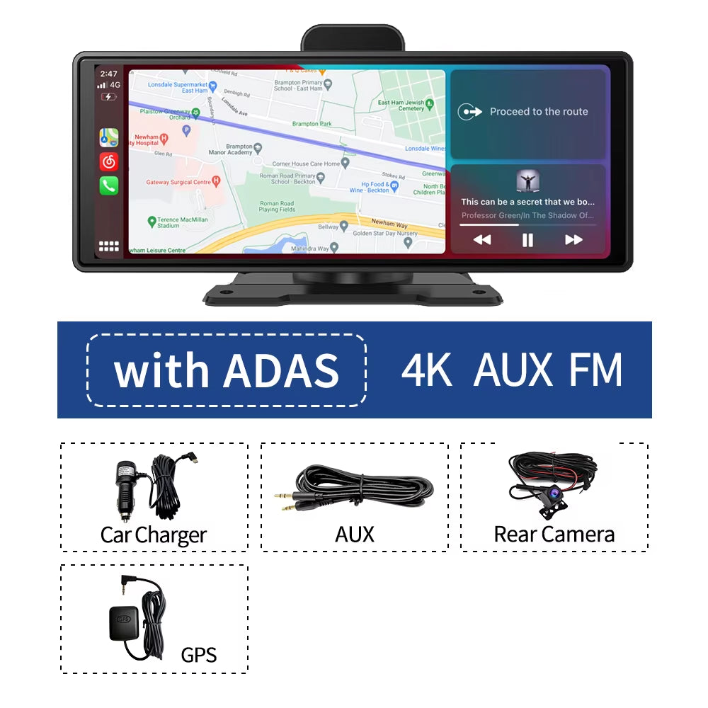 10.26" 4K Dash Cam ADAS Wireless Carplay & Android Auto Car DVR 5G Wifi GPS Navigation Rearview Camera Dashboard Video Recorder
