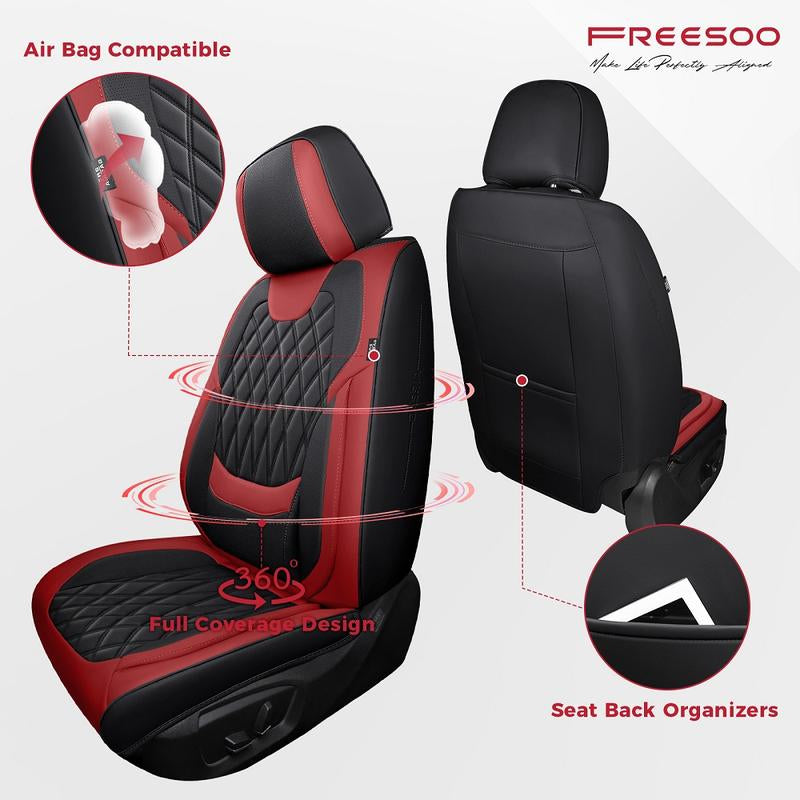 【Freesoo】Red Universal Car Seat Covers, Fits 6000+ Vehicles, Premium Breathable Leather，Automotive Interior Replacement Accessories | F2